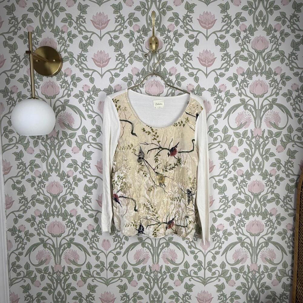 Deletta from Anthropologie Oak Song Bird Velvet 3/4 Sleeve Blouse - Size - Small